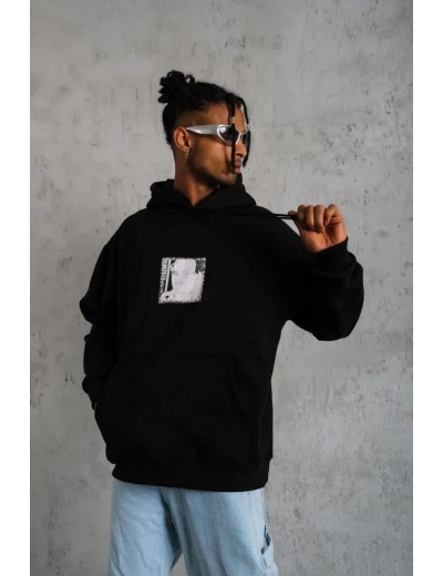Erkek 3 İplik Pamuklu Kapüşonlu Baskılı Cepli Oversize Sweatshirt Hoodie - Siyah