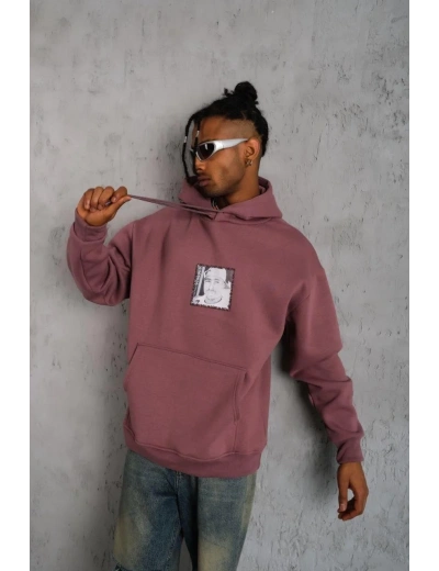 Erkek 3 İplik Pamuklu Kapüşonlu Baskılı Cepli Sweatshirt Hoodie - Gül Kurusu