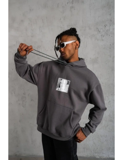 Erkek 3 İplik Pamuklu Kapüşonlu Baskılı Cepli Oversize Sweatshirt Hoodie - Gri