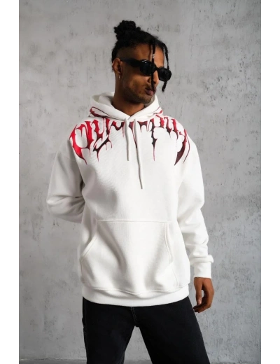 Erkek 3 İplik Pamuklu Baskılı Kapüşonlu Cepli Sweatshirt Hoodie - Beyaz