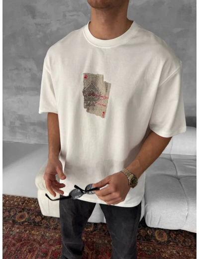 ERKEK Tişört Kısa kol Ön ve Arka Baskılı Oversize Bisiklet Yaka T-Shirt - Beyaz