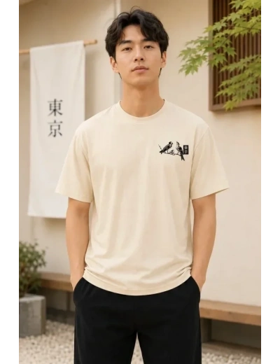 Erkek Ön Ve Arka Tokyo Kuş Çiçek Baskılı Oversize T-Shirt - Ekru
