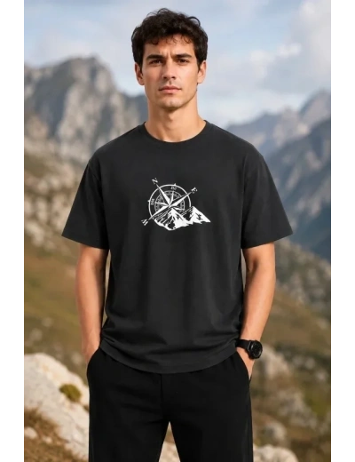 Erkek Outdoor Pusula Dağ Baskılı Kısa Kollu Oversize T-Shirt - Siyah