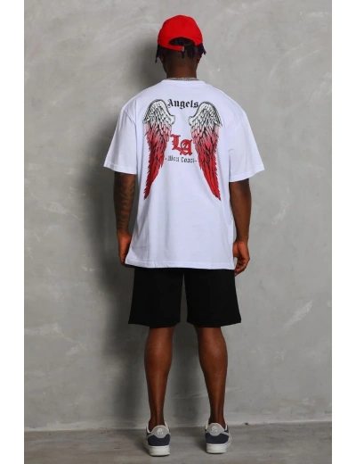 Erkek Kısa Kol Tişört Bisiklet Yaka KANAT Baskılı Oversize T-Shirt - Beyaz