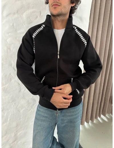 Erkek Oversize Dik Yaka Fermuarlı Sweatshirt - Zincir Nakışli Kanguru Cepli - Siyah