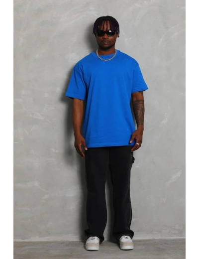 Erkek Düz Yazlık Kısa Kol Tişört Bisiklet Yaka Oversize T-Shirt - Mavi