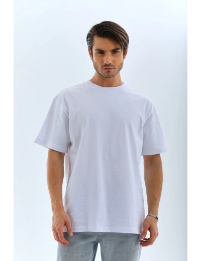 Erkek Düz Yazlık Kısa Kol Tişört Bisiklet Yaka Oversize T-Shirt - Beyaz