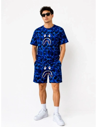Erkek Oversize Kalıp Pubg Bape X Shark Nakışlı Cepli Şort Takım - Mavi