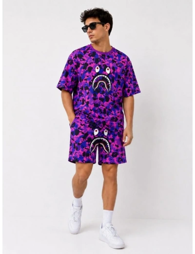 Erkek Oversize Kalıp Pubg Bape X Shark Nakışlı Cepli Şort Takım - Mor