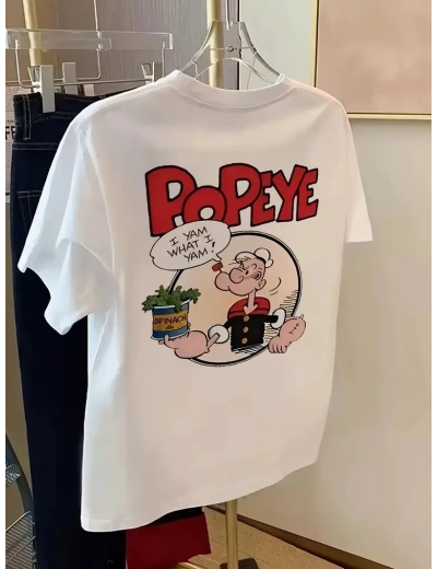 Erkek T-Shirt Oversize Kısa kol Tişört Popeye Baskılı - Beyaz