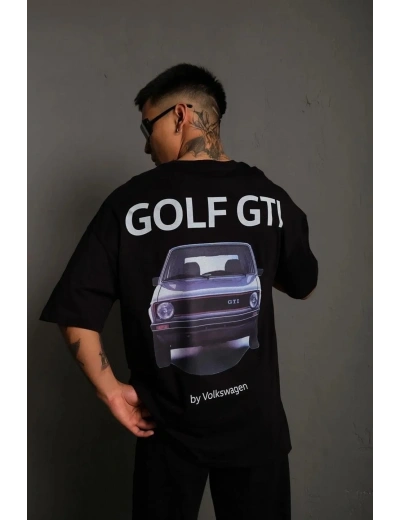 Erkek Oversize Tişört Golf GTI Retro Araba Baskılı T-shirt - Siyah