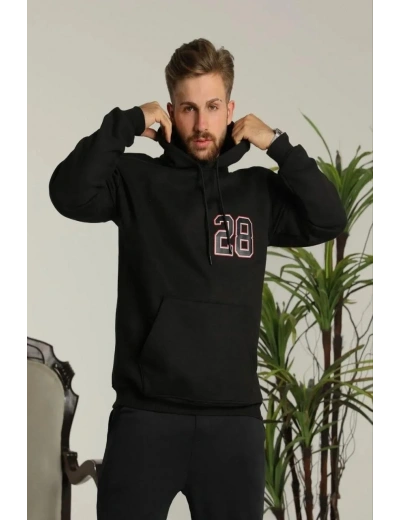 Erkek 3 İplik Pamuklu Kapüşonlu Baskılı Cepli Oversize Sweatshirt Hoodie - Siyah
