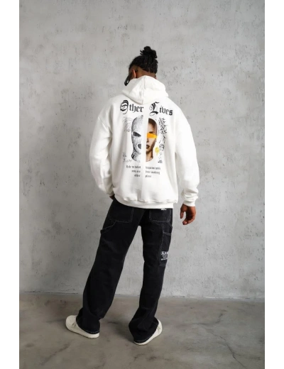 Erkek Oversize Üç İplik Şardonlu Kapüşonlu Sweatshirt Beyaz Other Lives Ön ve Arka Baskılı