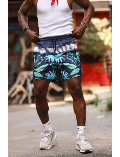 Erkek Palmiye Desenli Deniz Cepli Şort - Mavi