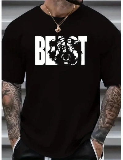 Erkek Baskılı Tişört Kısa Kol Bisiklet Yaka Oversize T-Shirt - Siyah