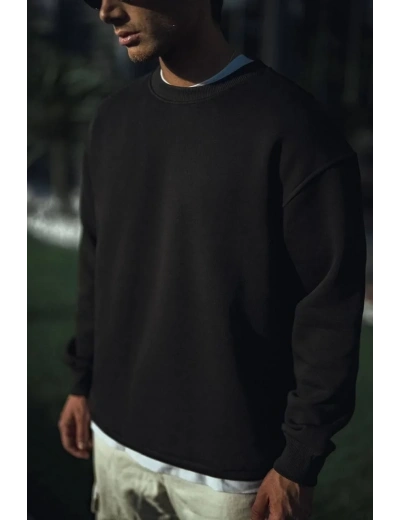 Erkek pamuklu Bisiklet Yaka 3 İplik Basic SweatShirt - Siyah