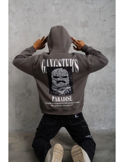 Erkek 3 İplik Pamuklu Baskılı Kapüşonlu Cepli Sweatshirt Hoodie - Gri