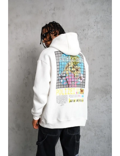 Erkek 3 İplik Pamuklu Kapüşonlu Baskılı Cepli Oversize Sweatshirt Hoodie - Beyaz