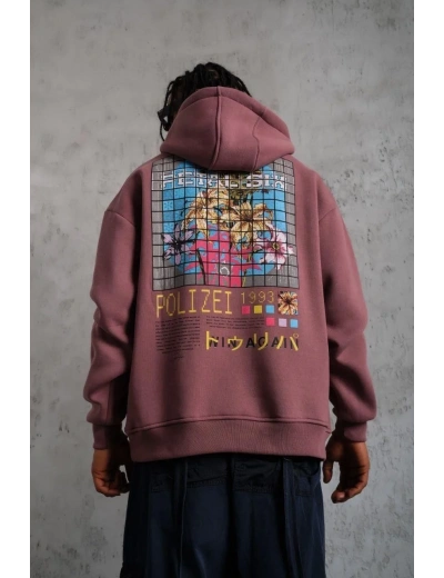 Erkek 3 İplik Pamuklu Kapüşonlu Baskılı Cepli Oversize Sweatshirt Hoodie - Gül Kurusu