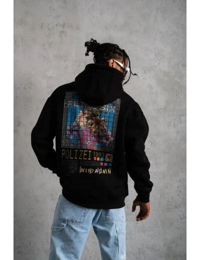 Erkek 3 İplik Pamuklu Kapüşonlu Baskılı Cepli Oversize Sweatshirt Hoodie - Siyah