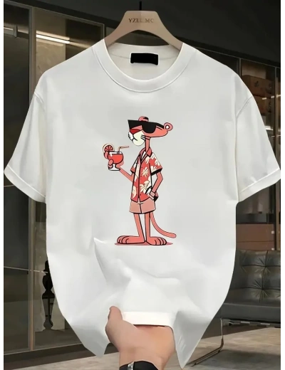 Erkek Bisiklet yaka t-shirt Pembe Panter Baskılı Kısa Kollu Tişört - Beyaz