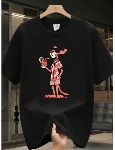 Erkek T-Shirt Pembe Panter Baskılı Kısa Kollu Tişört - Siyah