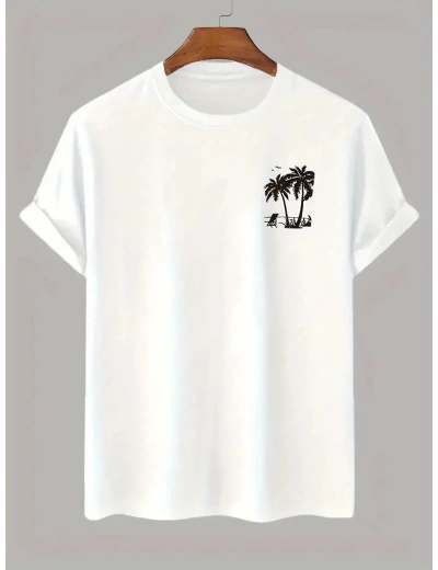 Erkek Kısa Kol Yazlık Tişört Bisiklet Yaka Palmiye Baskılı T-Shirt - Beyaz