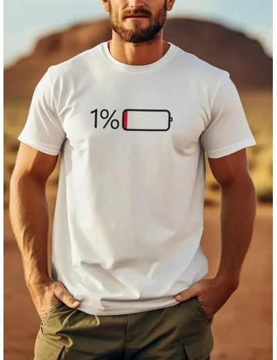 Erkek Sarj %1 Baskılı T-Shirt Kısa Kol Bisiklet Yaka Regular Fit Tişört - Beyaz