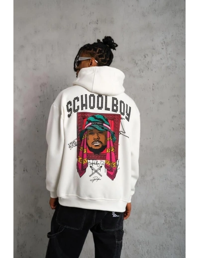Erkek 3 İplik Pamuklu Kapüşonlu Baskılı Cepli Oversize Sweatshirt Hoodie - Beyaz
