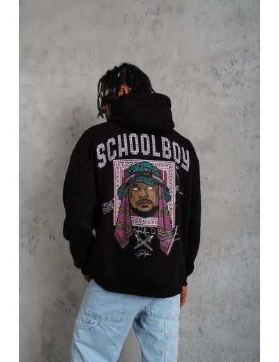 Erkek 3 İplik Pamuklu Kapüşonlu Baskılı Cepli Oversize Sweatshirt Hoodie - Siyah