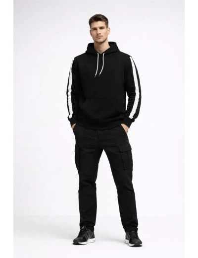 Erkek Şeritli Kapüşonlu Sweatshirt Oversize 3 Iplik Pamuklu - Siyah