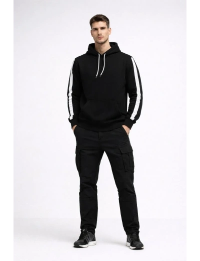 Erkek Şeritli Kapüşonlu Sweatshirt Oversize 3 iplik Pamuklu Hoodie - Siyah