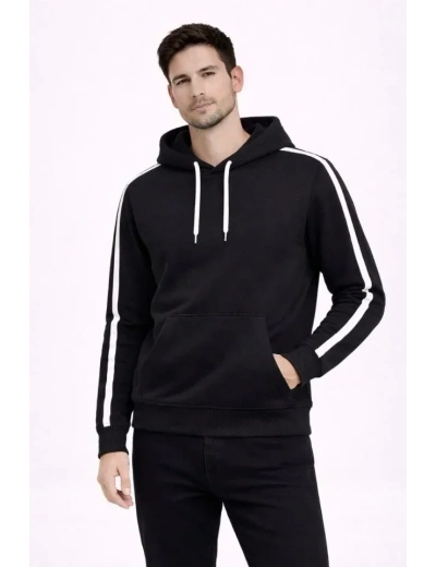 Erkek Şeritli Kapüşonlu Sweatshirt Oversize 3 Iplik Pamuklu - Siyah