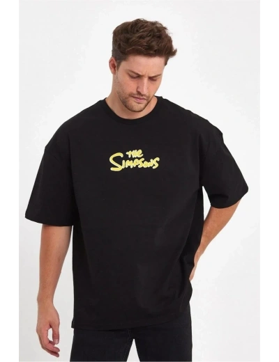 Erkek Sırt Baskılı Bisiklet Yaka Oversize T-shirt - Siyah