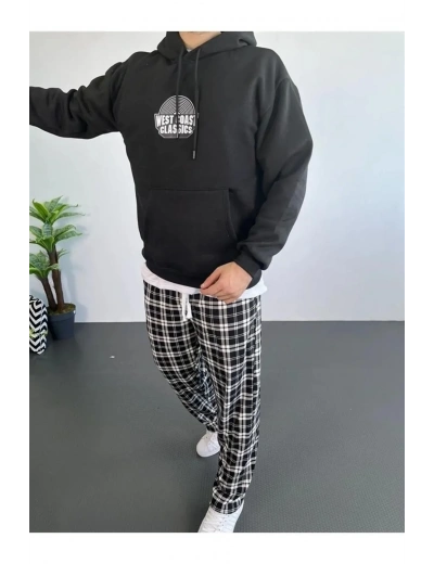 Erkek 3 İplik Pamuklu Kapüşonlu Baskılı Cepli Oversize Sweatshirt Hoodie - Siyah