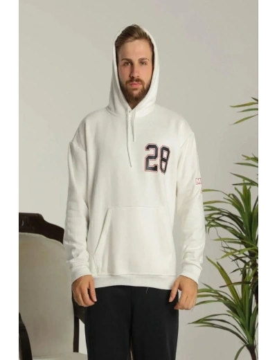 Erkek Sırt Baskılı Oversize Üç İplik Kapüşonlu Sweatshirt - Beyaz