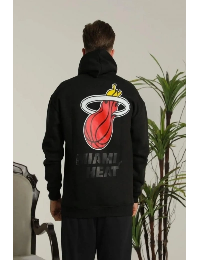 Erkek 3 İplik Pamuklu Kapüşonlu Baskılı Cepli Oversize Sweatshirt Hoodie - Siyah