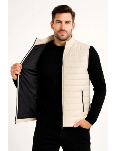 Erkek Şişme Fermuarlı Yelek Su itici Kapitone Astarlı Kumaş Cepli Hafif Kışlık Spor Rahat Kalıp -Bej