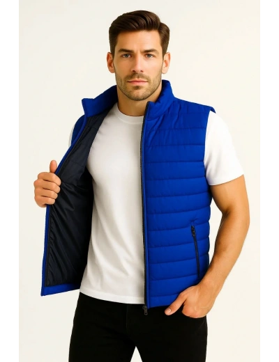 Erkek Şişme Fermuarlı Yelek Su itici Kapitone Astarlı Kumaş Cepli Hafif Kışlık Spor Rahat Kalıp - Saks Mavisi