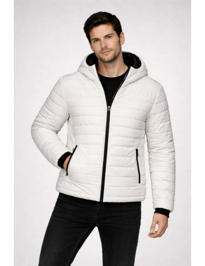 ERKEK Şişme Kapüşonlu Fermuarlı Mont Su İtici Kapitone Cepli Ceket - Krem
