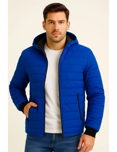 Erkek Şişme Kapüşonlu Fermuarlı Mont Su itici Kapitone Astarlı Kumaş Cepli Kışlık Rahat Kalıp - Saks Mavisi