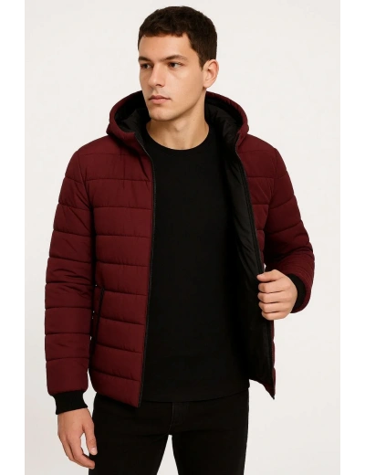 Erkek Şişme Kapüşonlu Fermuarlı Mont Su itici Kapitone Astarlı Kumaş Cepli Kışlık Rahat Kalıp - Bordo