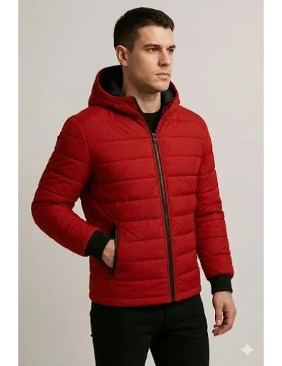 Erkek Şişme Kapüşonlu Fermuarlı Mont Su itici Kapitone Astarlı Kumaş Cepli Kışlık Rahat Kalıp - Kırmızı