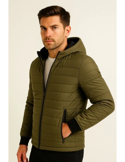 Erkek Şişme Kapüşonlu Fermuarlı Mont Su itici Kapitone Astarlı Kumaş Cepli Kışlık Rahat Kalıp - Haki