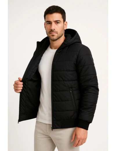 Erkek Şişme Kapüşonlu Fermuarlı Mont Su itici Kapitone Astarlı Kumaş Cepli Kışlık Rahat Kalıp - Siyah