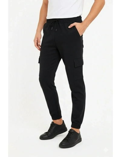 Erkek Siyah Jogger Eşofman Altı Rahat Kalıp, Kargo Cepli, Lastikli Paça, Günlük Spor Pantolon - Siyah
