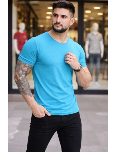 Erkek T-Shirt Bisiklet Yaka Slim Fit dar kesim Likralı Tişört Günlük Basic Body - Açık Mavi