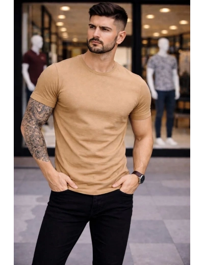 Erkek T-Shirt Bisiklet Yaka Slim Fit dar kesim Likralı Tişört Günlük Basic Body - Kahverengi