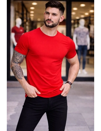 Erkek T-Shirt Bisiklet Yaka Slim Fit dar kesim Likralı Tişört Günlük Basic Body - Kırmızı