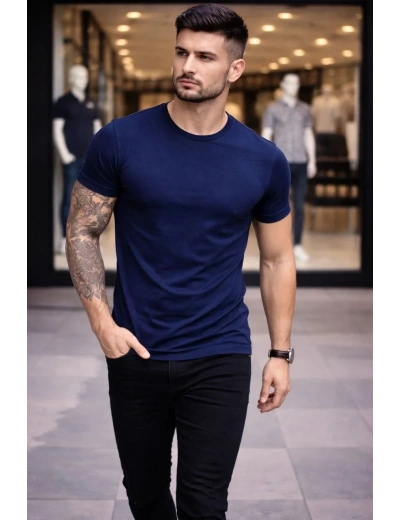 Erkek T-Shirt Bisiklet Yaka Slim Fit dar kesim Likralı Tişört Günlük Basic Body - Lacivert
